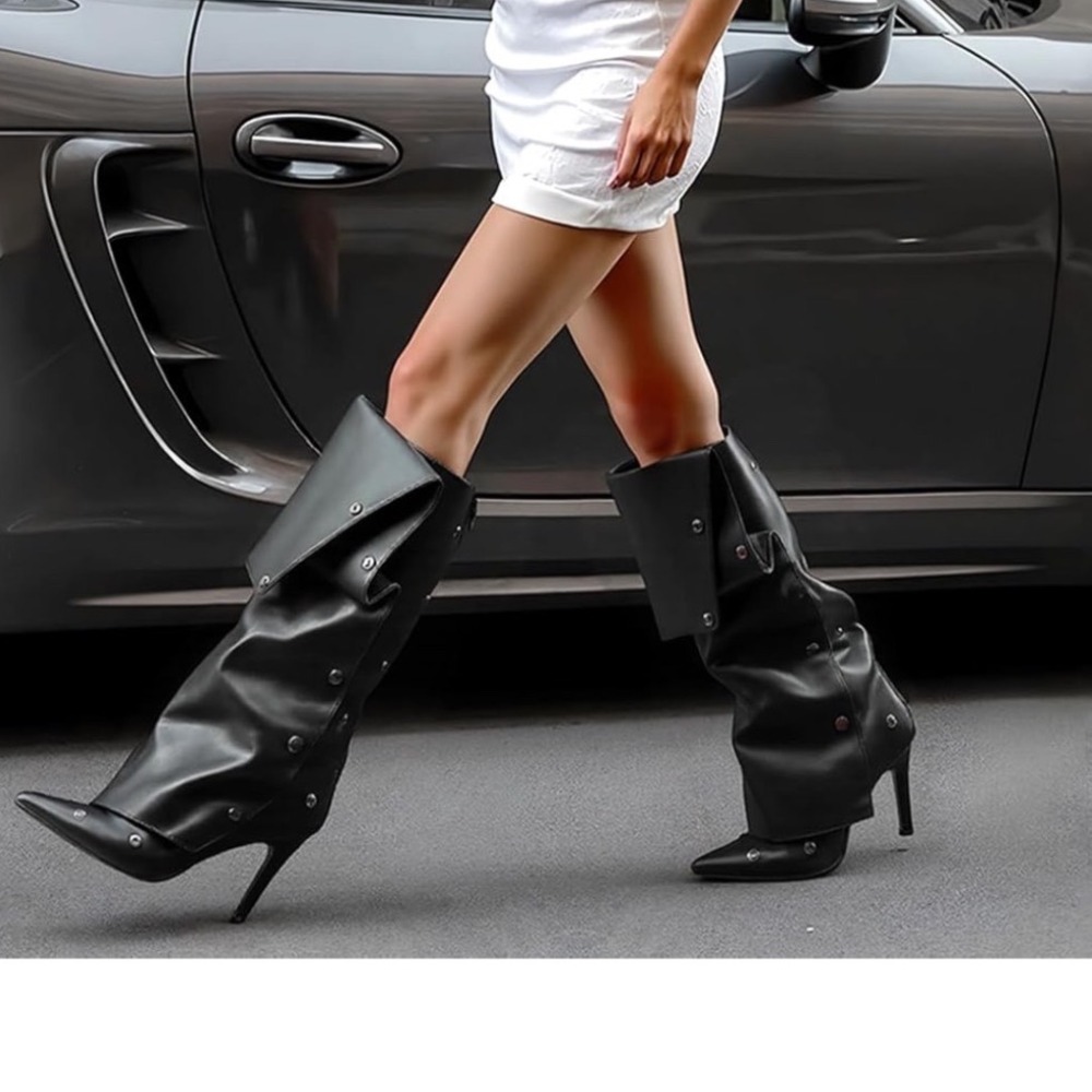 Gray Denim size 6 Slouch Snap Knee High Stiletto Boots Pointed Toe Edgy Boots - Picture 3 of 11